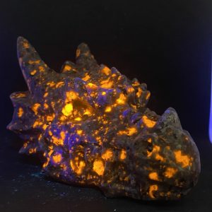 Tête Dragon Yooperlite fluorescente sous lumière UV, orange