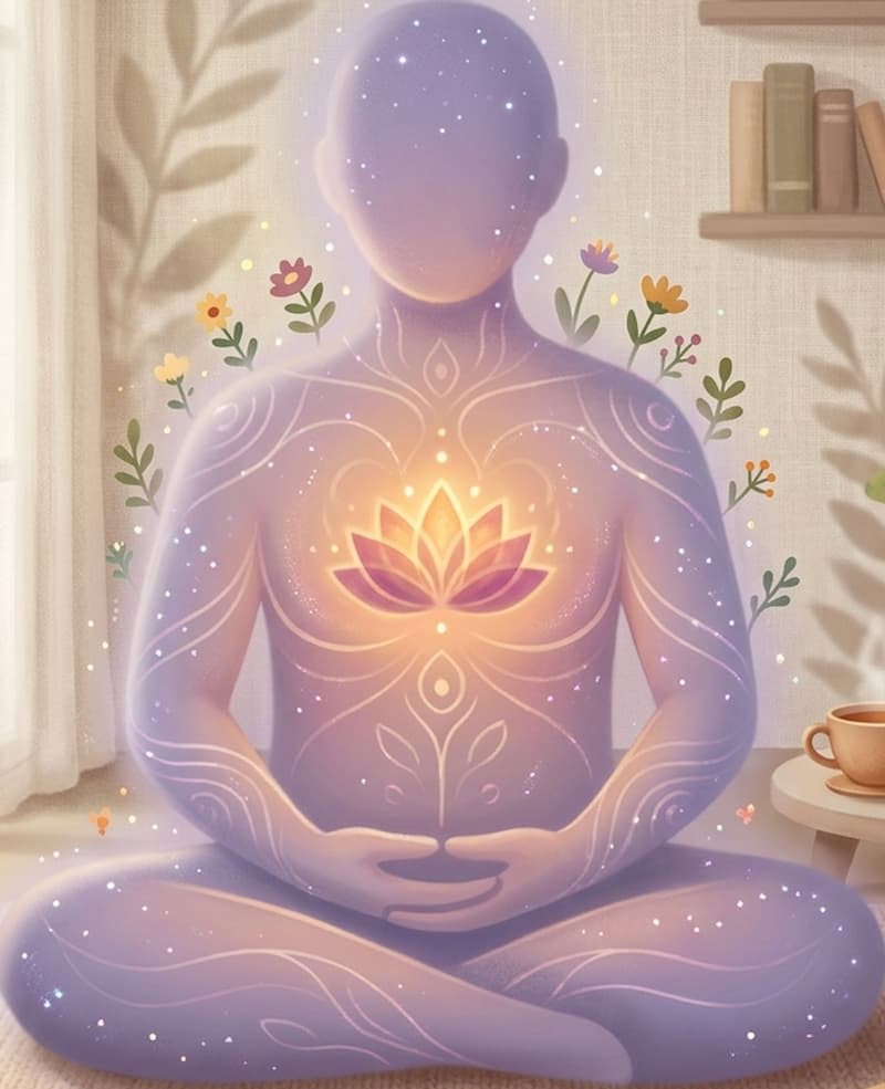 Silhouette en méditation avec chakra du cœur lumineux, symbolisant la maîtrise des émotions