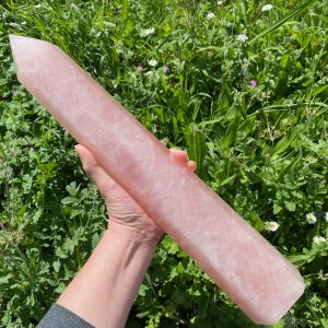 Grande pointe polie en quartz rose naturel de couleur rose pâle, forme tour pyramidale, posée en extérieur dans un jardin.