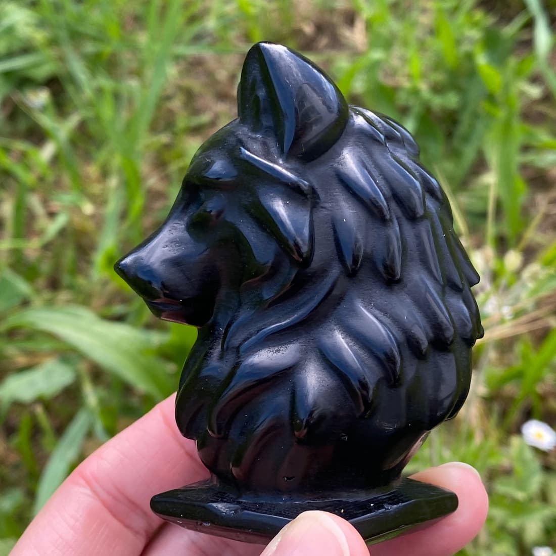 Vue de profil du buste de loup en obsidienne noire, détail de la sculpture en pierre volcanique
