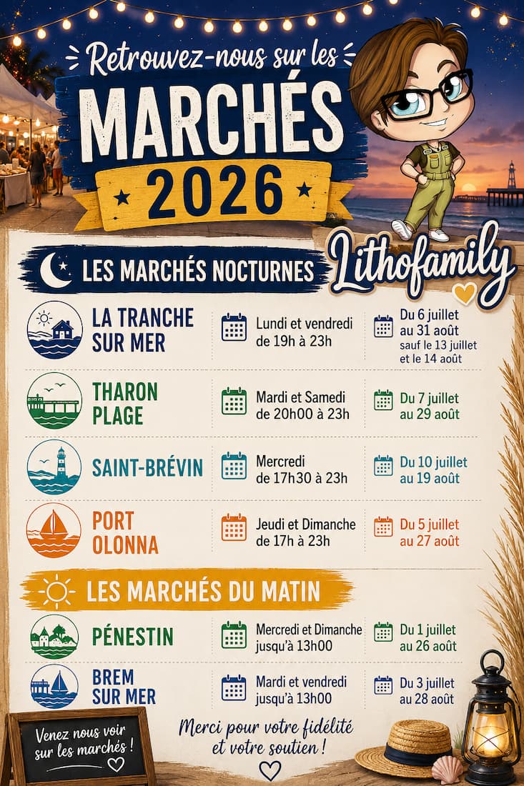 Marchés été 2026 Affiche des marchés été 2026 organisés par Lithofamily – marchés nocturnes et du matin sur la côte vendéenne