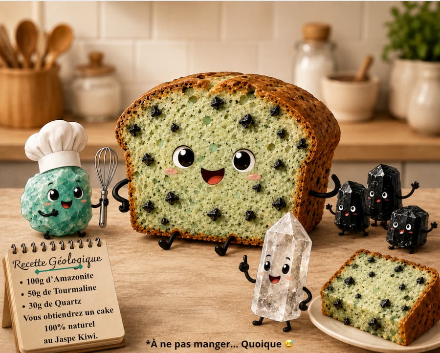Illustration rigolote d'un cake kiwi animé avec des personnages de pierres d'amazonite et de tourmaline qui cuisine un cake en jaspe kiwi.