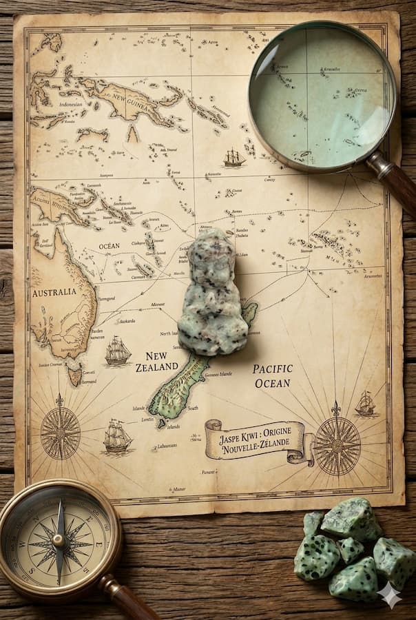 Carte ancienne de Nouvelle-Zélande avec des pierres de jaspe kiwi et une boussole.